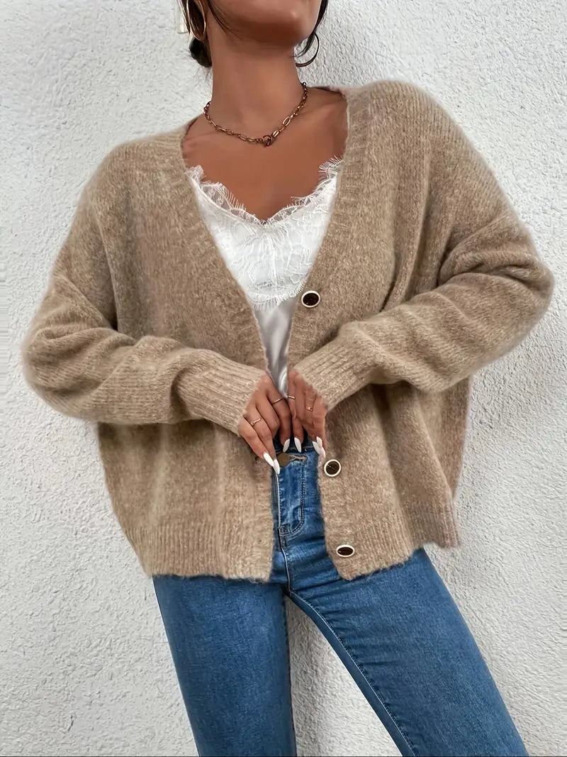 WW | Women's Knitted Cardigan with V-Neck – Soft Oversized Pullover with Button Placket