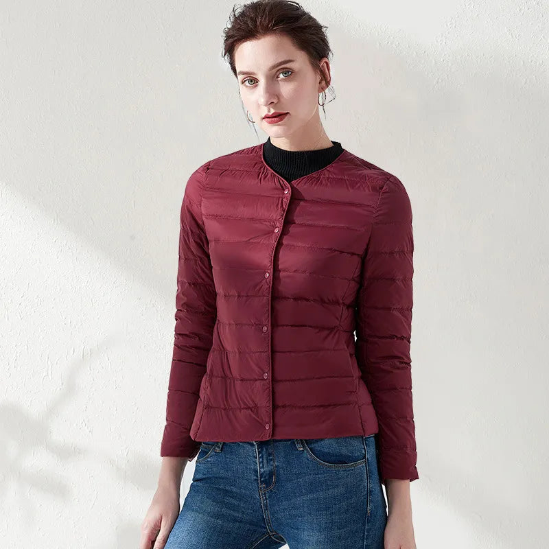 WW | Lightweight, collarless, and form-fitting quilted jacket for women