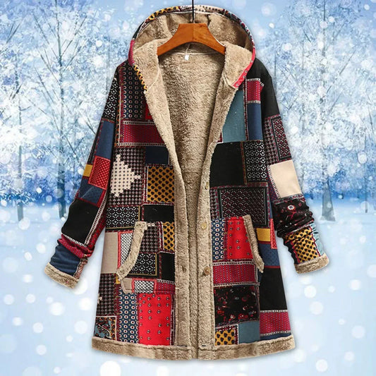 WW | Fleecejacke Lockere Passform Patchwork Lange Länge mit Kapuze und Taschen