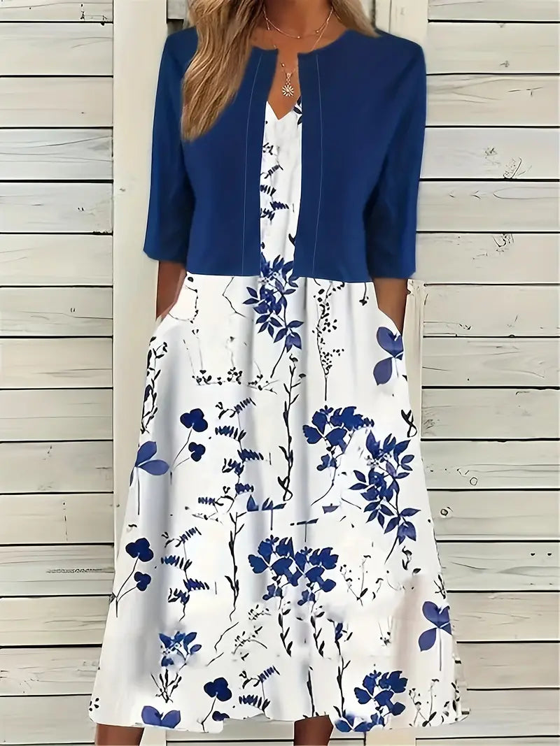 WW | Elegante Zweiteilige Blumenkleid-Set mit Einfarbigem Crop-Top und Rundhalskleid
