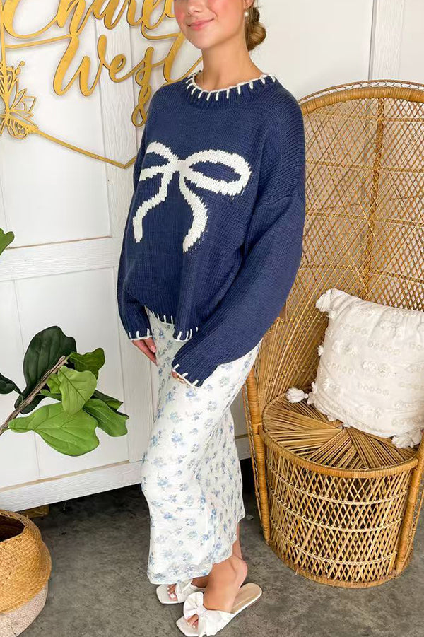 WW | Christmas Bow Contrast Color Inset Edge Long Sleeve Knitted Sweater
