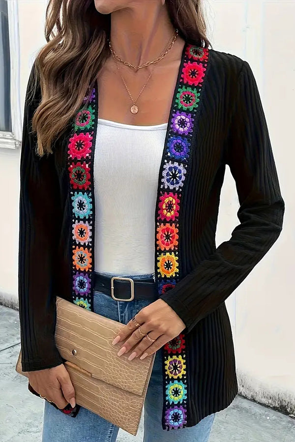 WW | Boho knit cardigan with floral trim and long sleeves