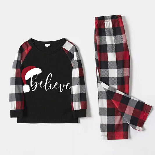 WW | Christmas Hat and 'Believe' Letter Print Plaid Patterned Sleeves Contrast Tops and Red & Black & White Plaid Pants Family Pajama Set with Dog Bandana