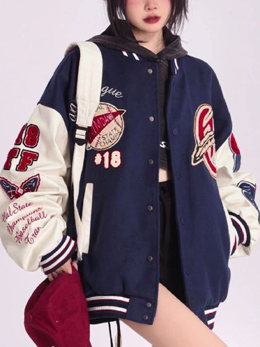 WW | Blaue College-Varisty-Jacke mit Flockdruck