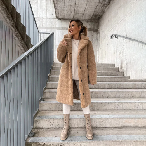 WW | Women's Long Coat - Faux Fur Fleece - Plus Size - Lapel Collar - Button Closure