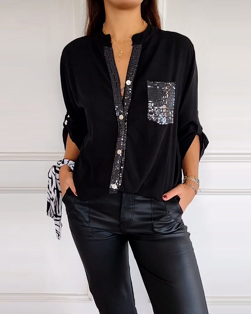 WW - Chic Blouse with Button Placket and Sequin Trim for Women | Elegant Long-Sleeved Blouse with Sequin Pocket