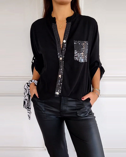WW - Chic Blouse with Button Placket and Sequin Trim for Women | Elegant Long-Sleeved Blouse with Sequin Pocket