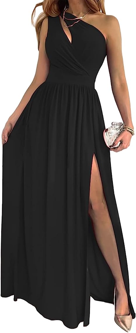 WW Damen-Cocktail-Maxikleid mit Ein-Schulter-hohem geteiltem Ausschnitt