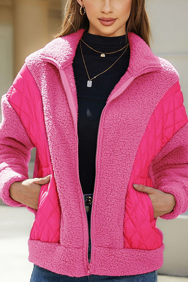 WW | Langarm-Cardigan mit Reißverschluss aus Plüsch-Patchwork Damenjacke