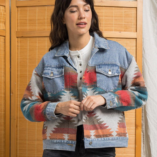 WW | Western Denim Jacket - Aztec Pattern Sleeves - Casual & Trendy - Autumn Layers