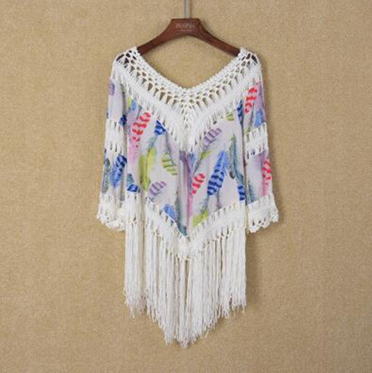 Damen lässiger Strandponcho mit fransigen Details und trendigem Muster WW