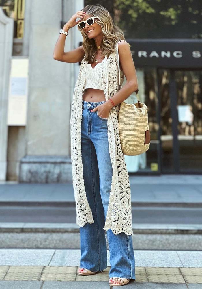 WW | Ärmellose Weinlese Strickjacke Mit Ausgehöhlter Spitze Und V-ausschnitt