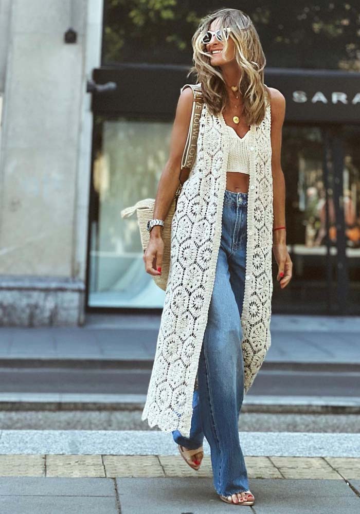 WW | Ärmellose Weinlese Strickjacke Mit Ausgehöhlter Spitze Und V-ausschnitt