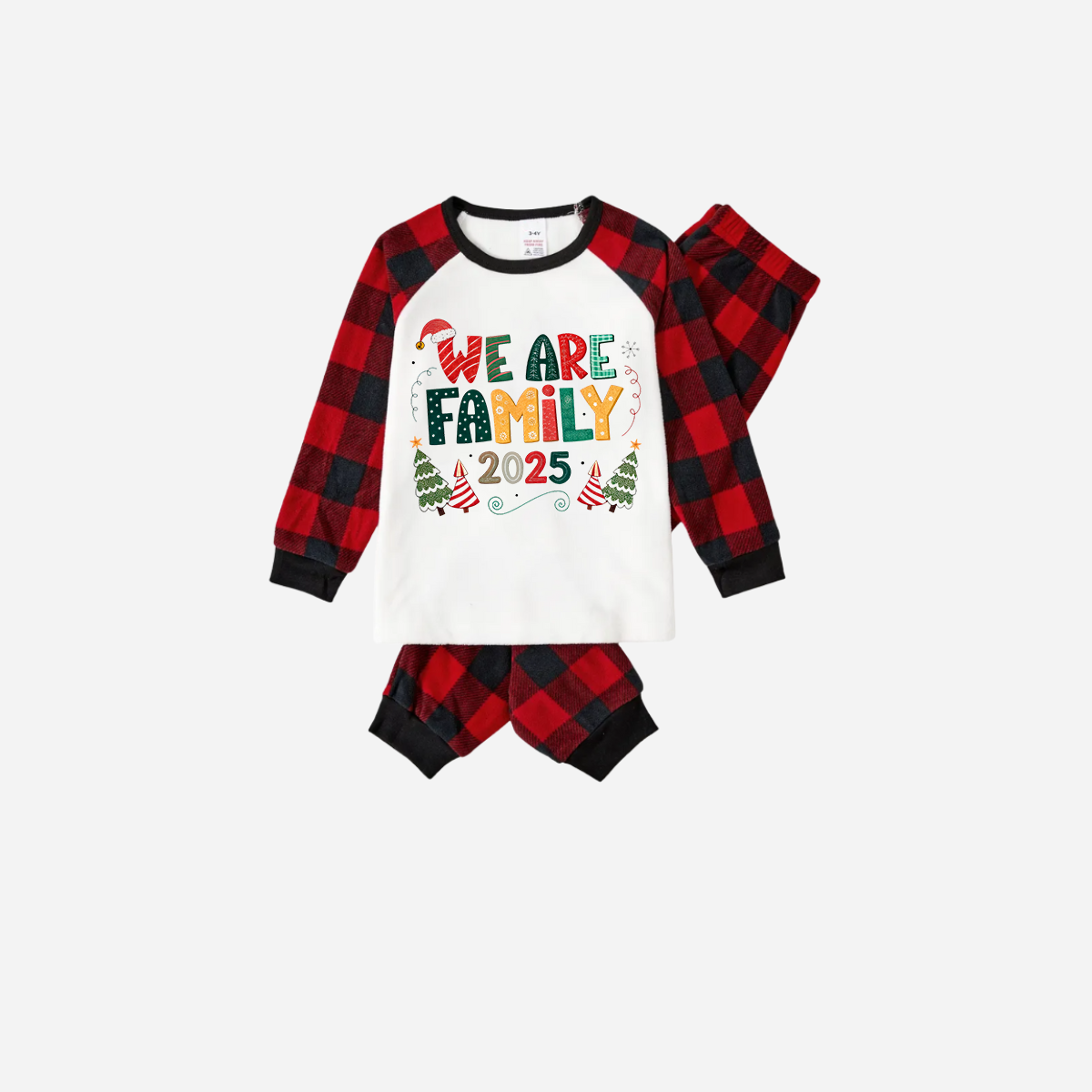 WW | Rote und schwarze karierte Weihnachts-Pyjama-Set mit "Wir sind Familie" buntem Textdruck