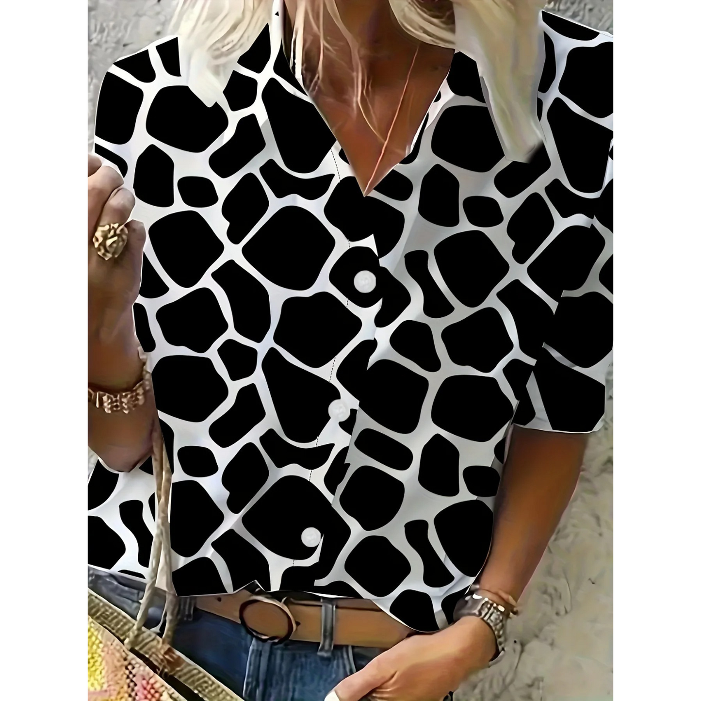 WW | White Elegant Women's Blouse with Floral Pattern and Collar