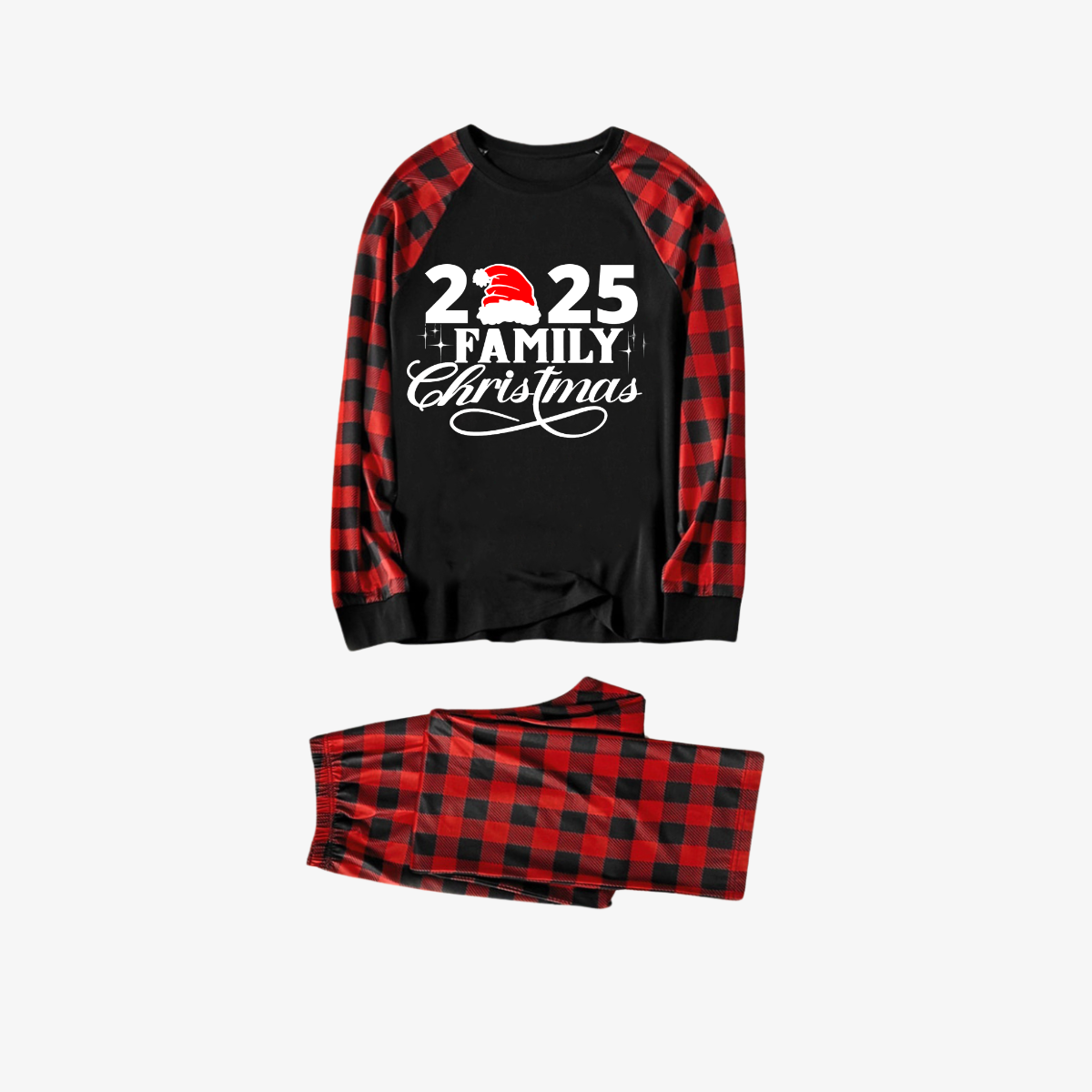 WW | "2025 Familie Weihnachten" Buchstaben Druck Schwarz & Rot Karo Familie Passende Schwarze Pyjamas