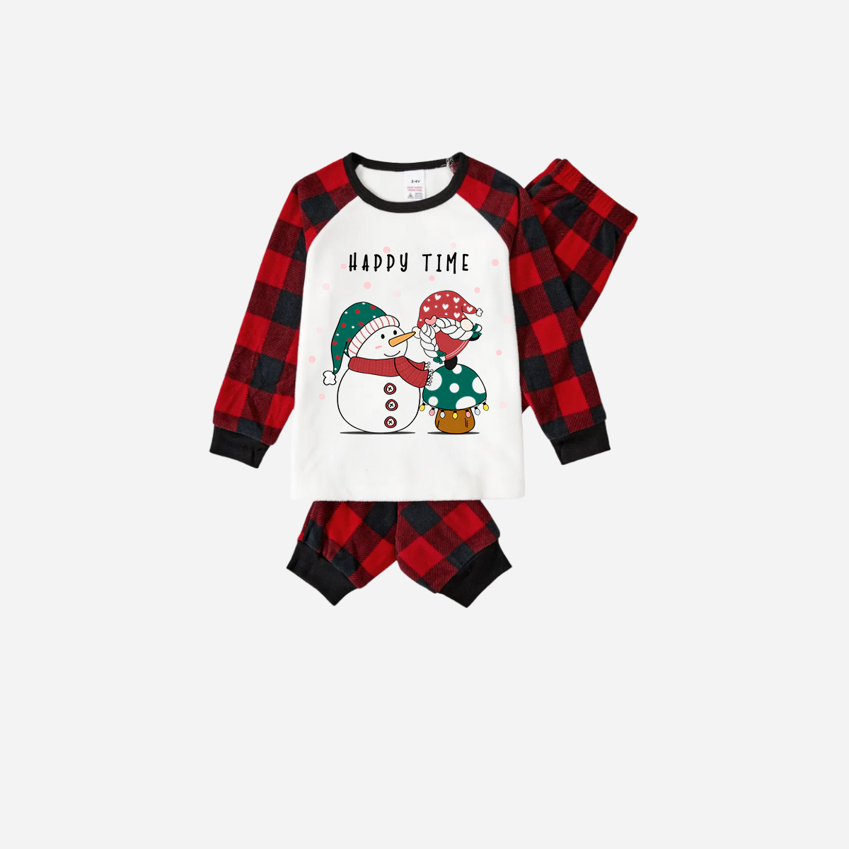 WW | Red and Black Plaid Christmas Pajama Set with Snowman and Gnome and "Happy Time" Text Print
