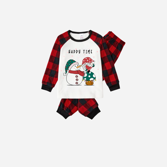 WW | Red and Black Plaid Christmas Pajama Set with Snowman and Gnome and "Happy Time" Text Print