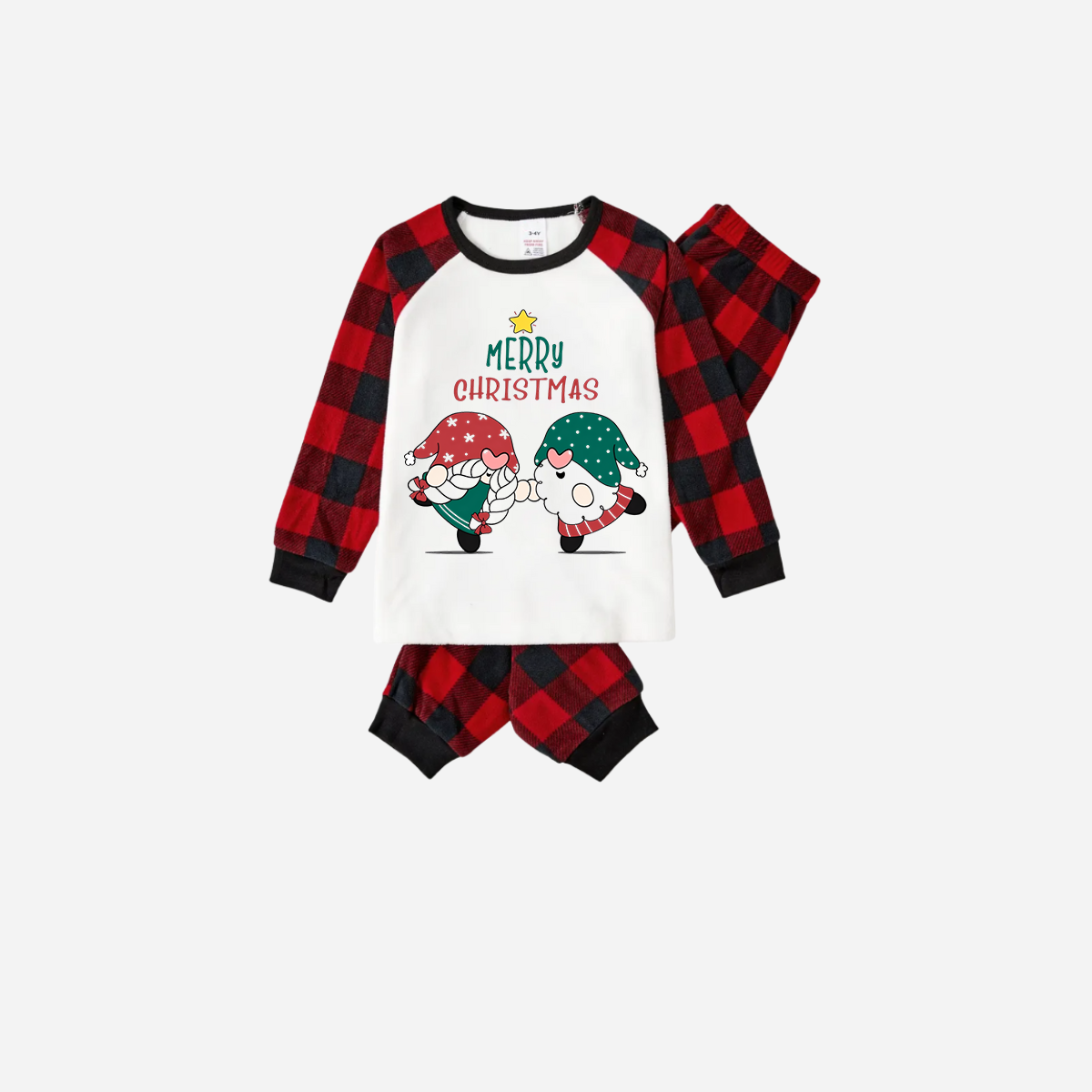 WW | Red and Black Plaid Christmas Pyjama Set with Gnome and Merry Christmas Text Print