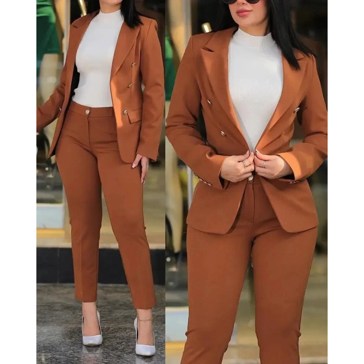 WW | Doppelknopf Blazer & Hosen Satz Mit Taschen Für Frauen