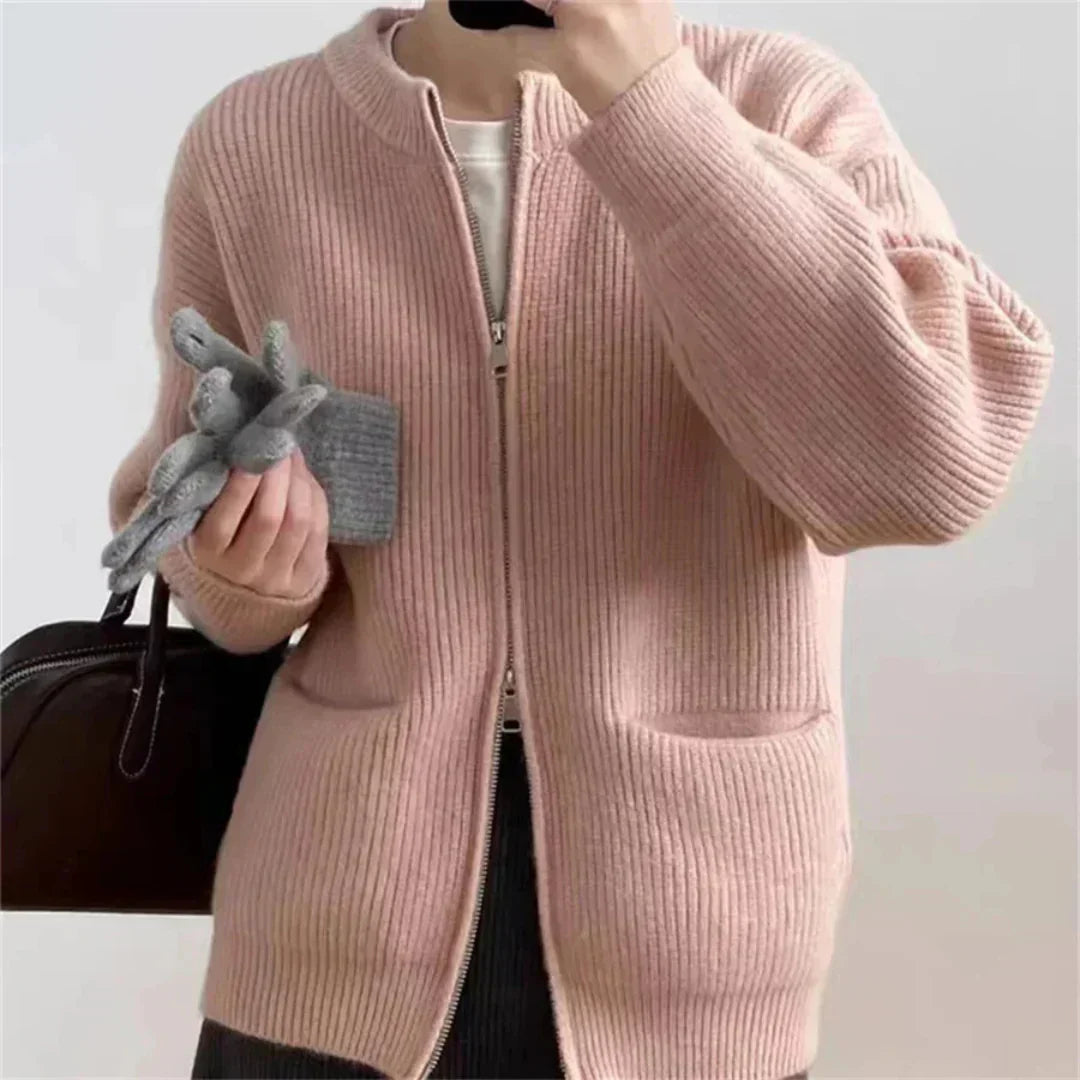 WW | Strickjacke - Gerippte Textur - Reißverschluss - Oversized Passform - Mit Taschen