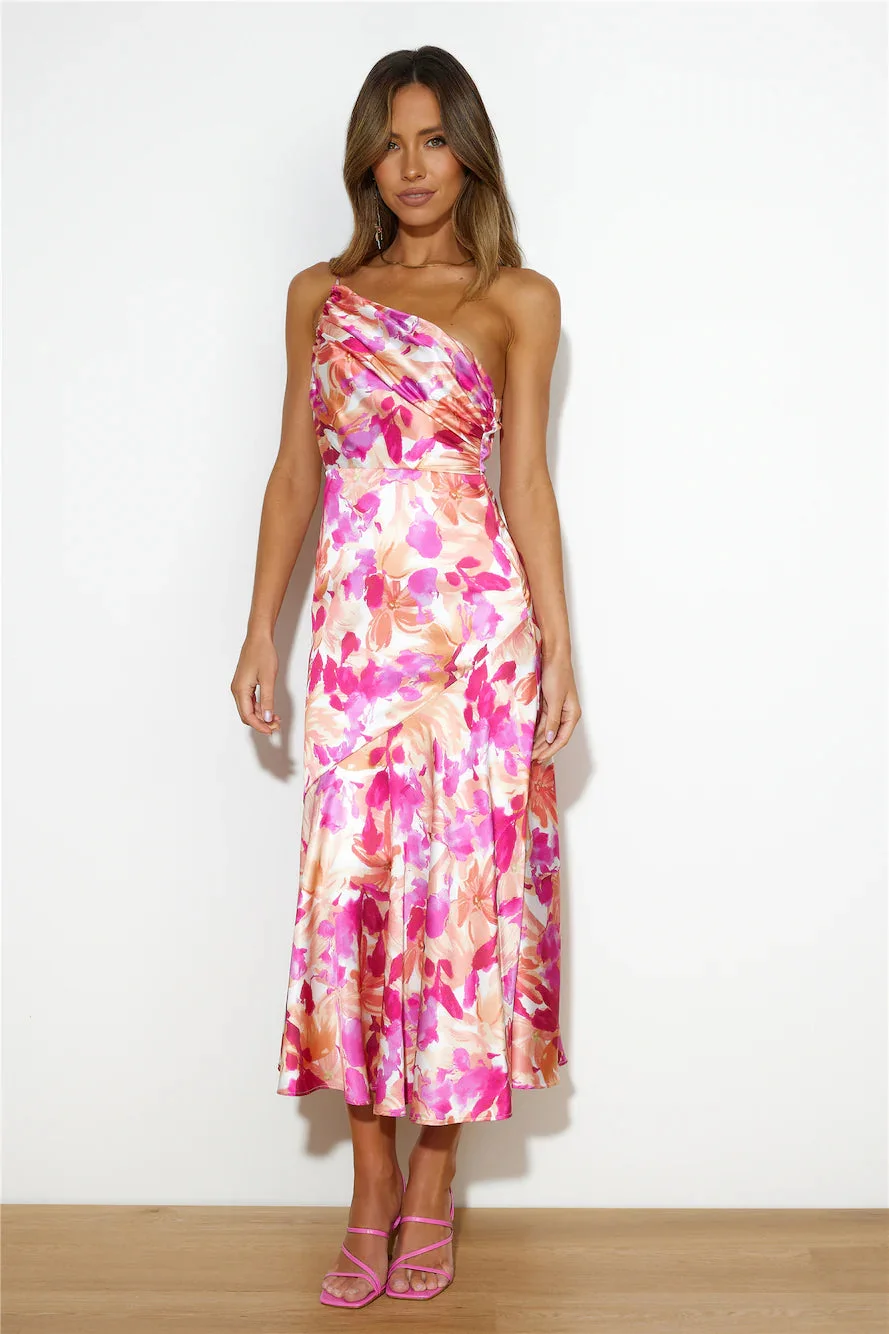 Floral Satin Ruched One-Shoulder Dress