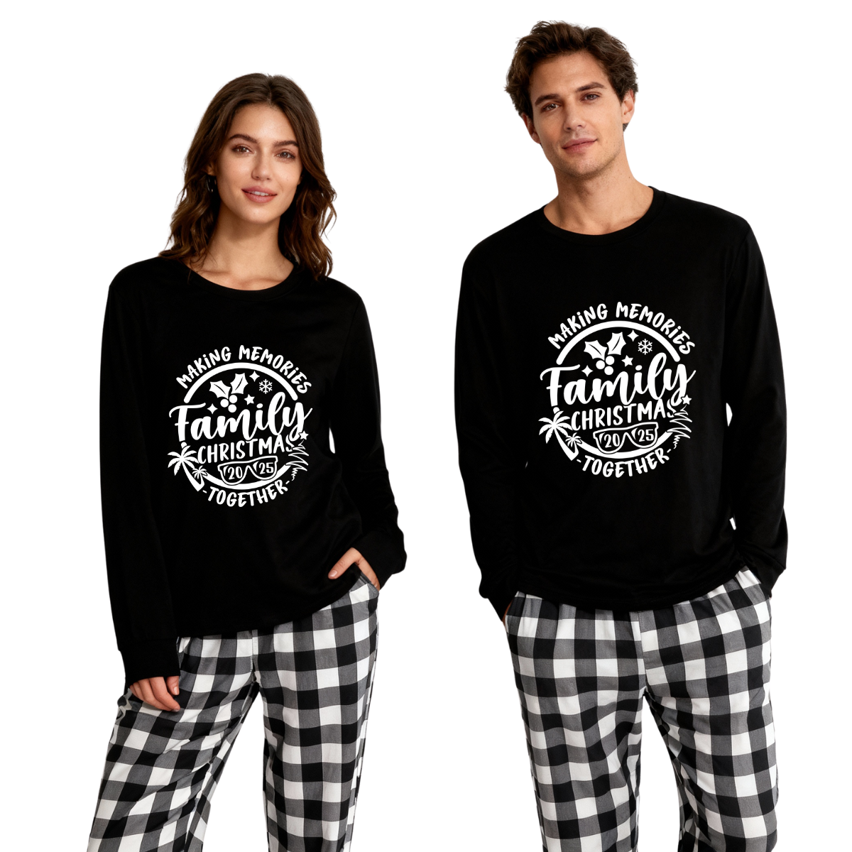 WW | Christmas Memories Together 2025 Print Black Long-Sleeve Top with Black and White Plaid Pants Family Matching Pajamas