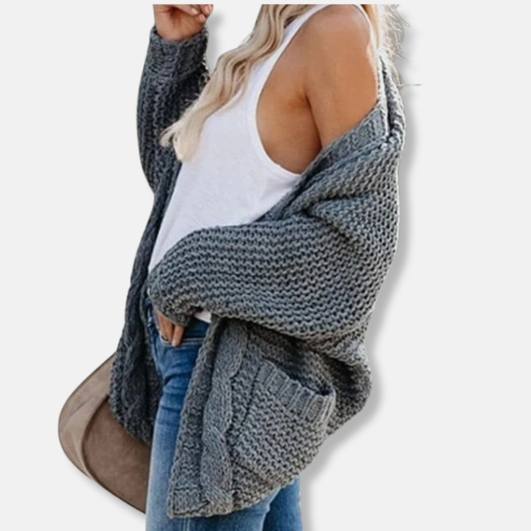 WW | Woll Übergroßer Cardigan - Gerippter Offener Fronttaschen Cardigan
