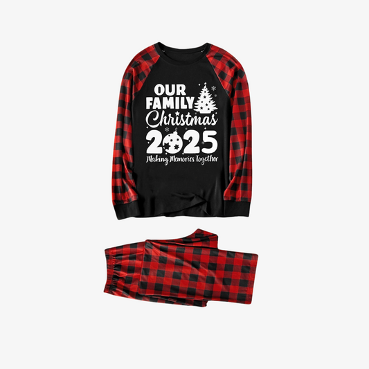 WW | Christmas Tree & "2025 Making Memories Together" Patterned Contrast Top and Black-Red Plaid Pants Family Matching Pajama Set