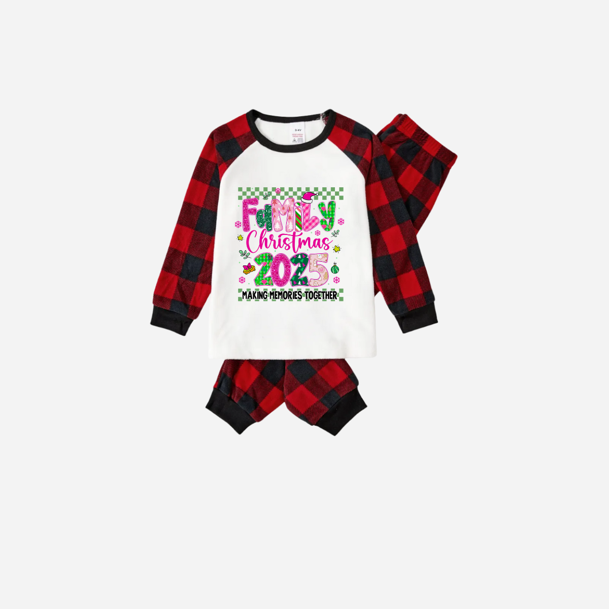 WW | "Family Christmas 2025" Faux Glitter Black and Red Raglan Sleeve Christmas Pajama Set