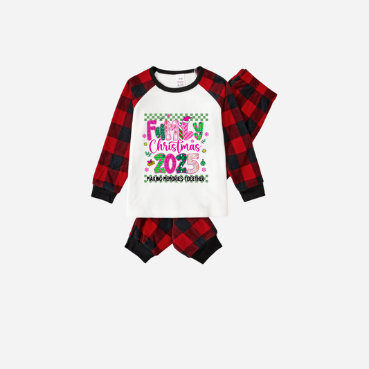 WW | "Family Christmas 2025" Faux Glitter Black and Red Raglan Sleeve Christmas Pajama Set