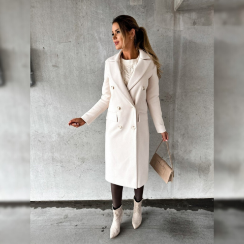 WW | Women's Long Wool Blend Coat - Double-Breasted - Tailored - With Lapel Collar