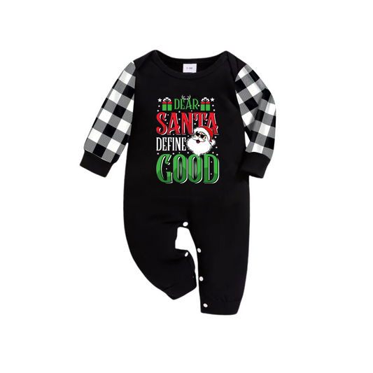 WW | "Dear Santa, define good" Slogan Printed Black and White Plaid Pants Family Matching Pajamas