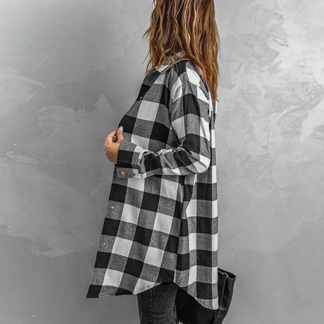 WW | Shirtjacke Karierter Flanell Übergroß Passform Lange Ärmel Knopfverschluss