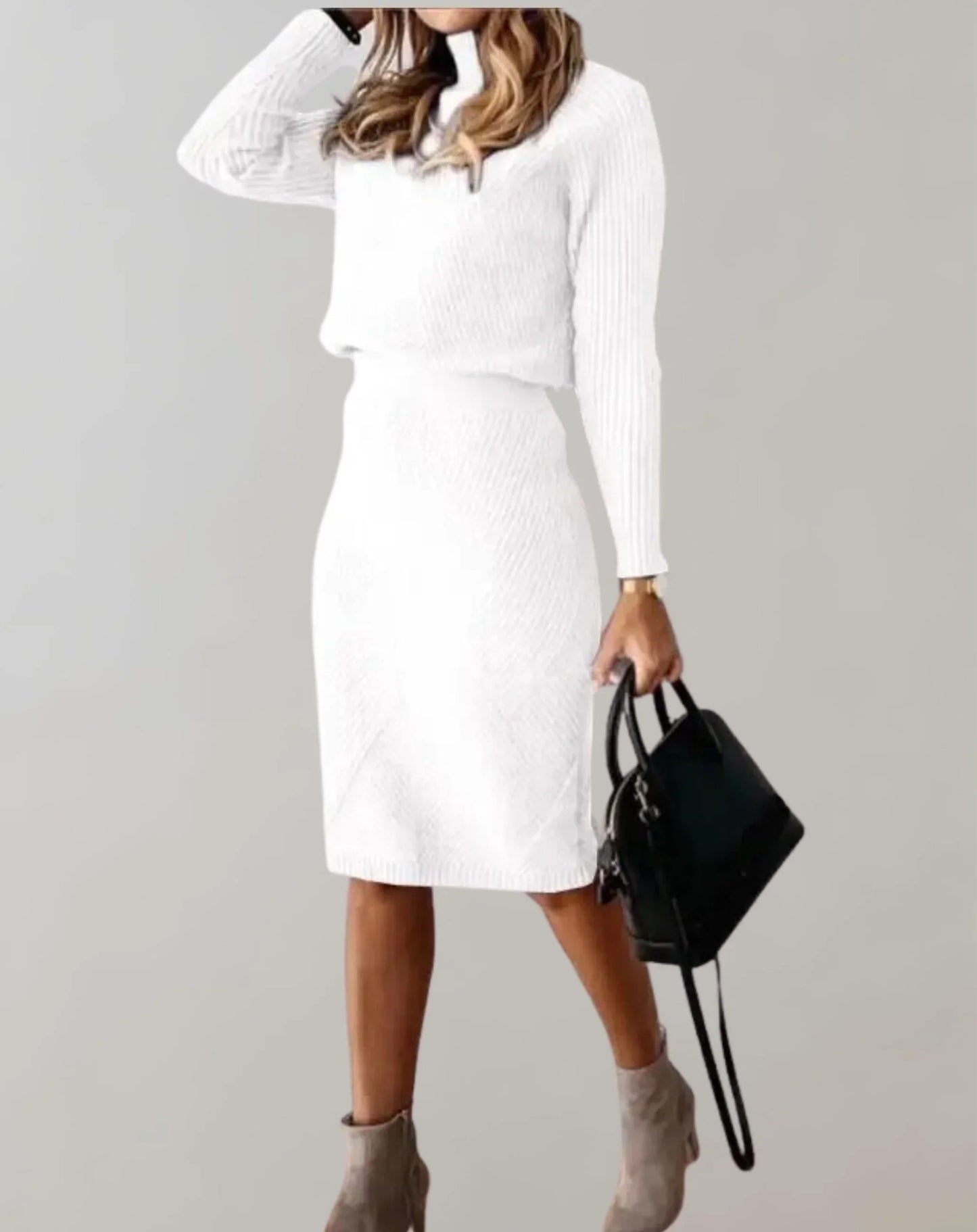WW | Ribbed Two-Piece Set Slim Fit Turtleneck Sweater and Midi Skirt