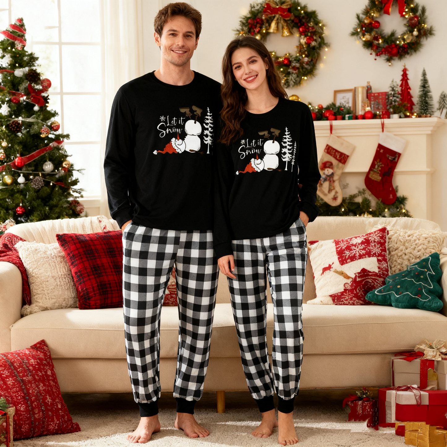 WW | Couple Black and White Plaid Matching Pajamas "Let it Snow" Text and Snowman Prints