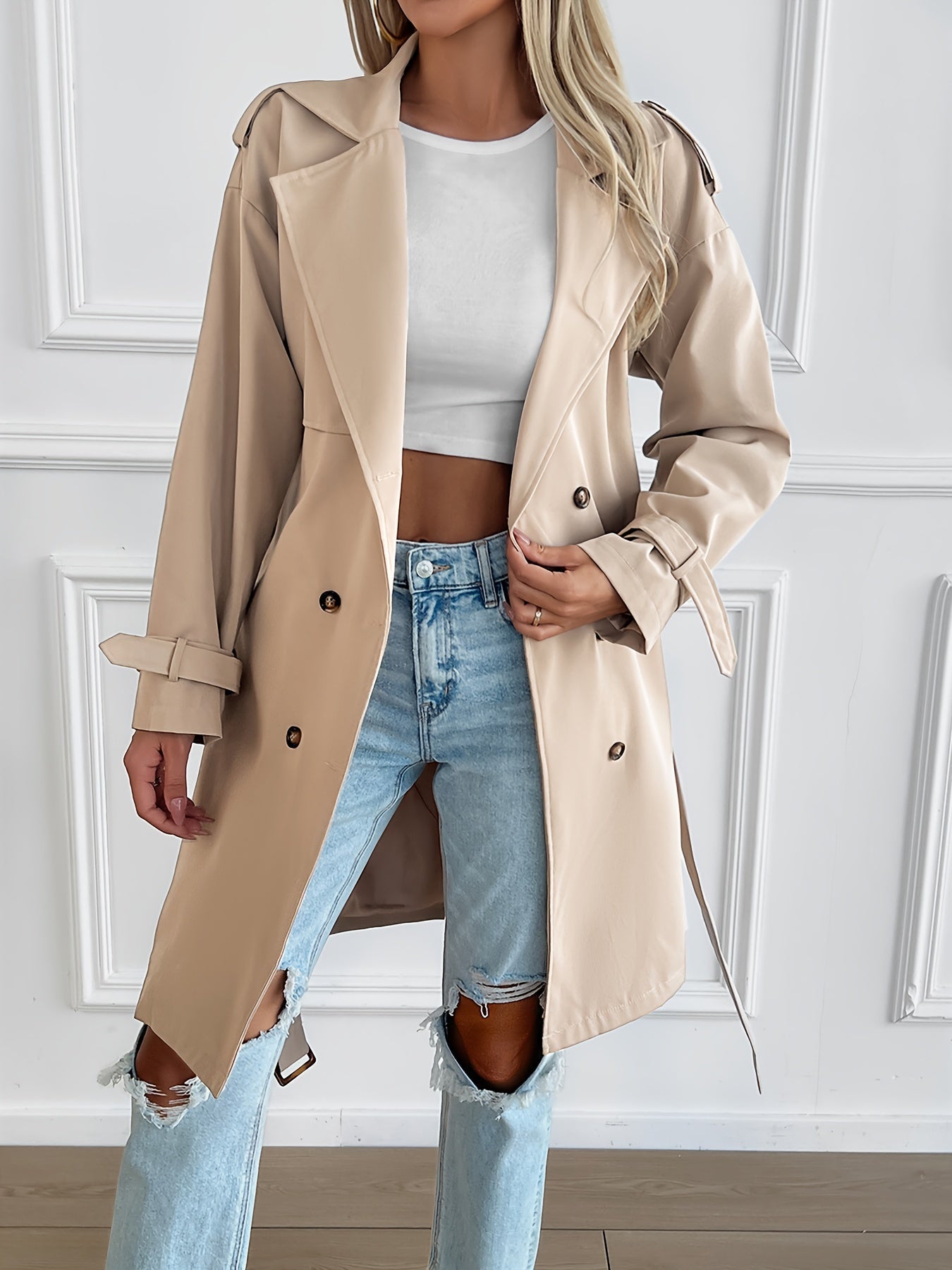 WW | Trenchcoat in Beige - Klassischer Mantel mit Gürtel & Knopfleiste für Herbst & Frühling