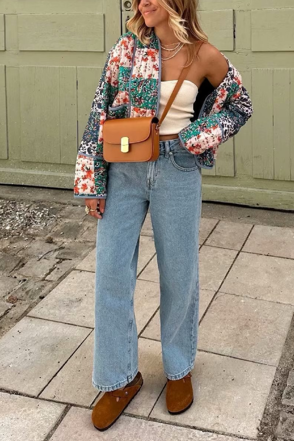 WW | Bedruckte lockere lässige Strickjacke kurze gesteppte Baumwolljacke