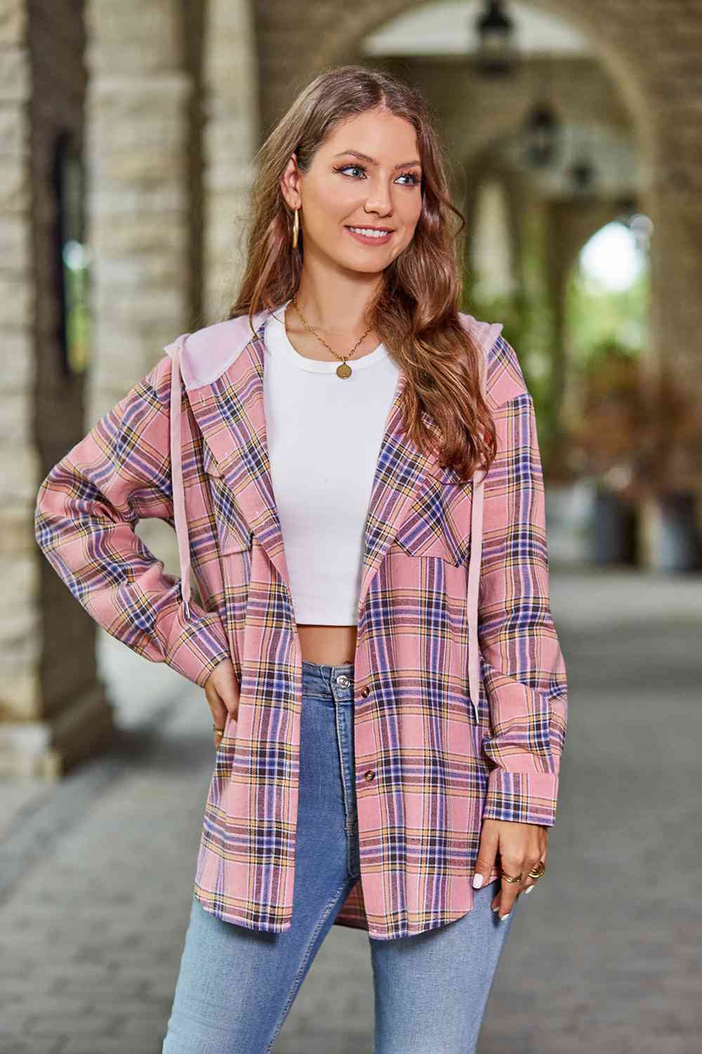 WW | Plaid Long-Sleeved Hooded Jacket