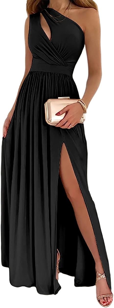 WW Damen-Cocktail-Maxikleid mit Ein-Schulter-hohem geteiltem Ausschnitt
