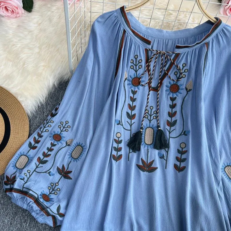 WW | Women's Round Neck Blouse with Embroidery