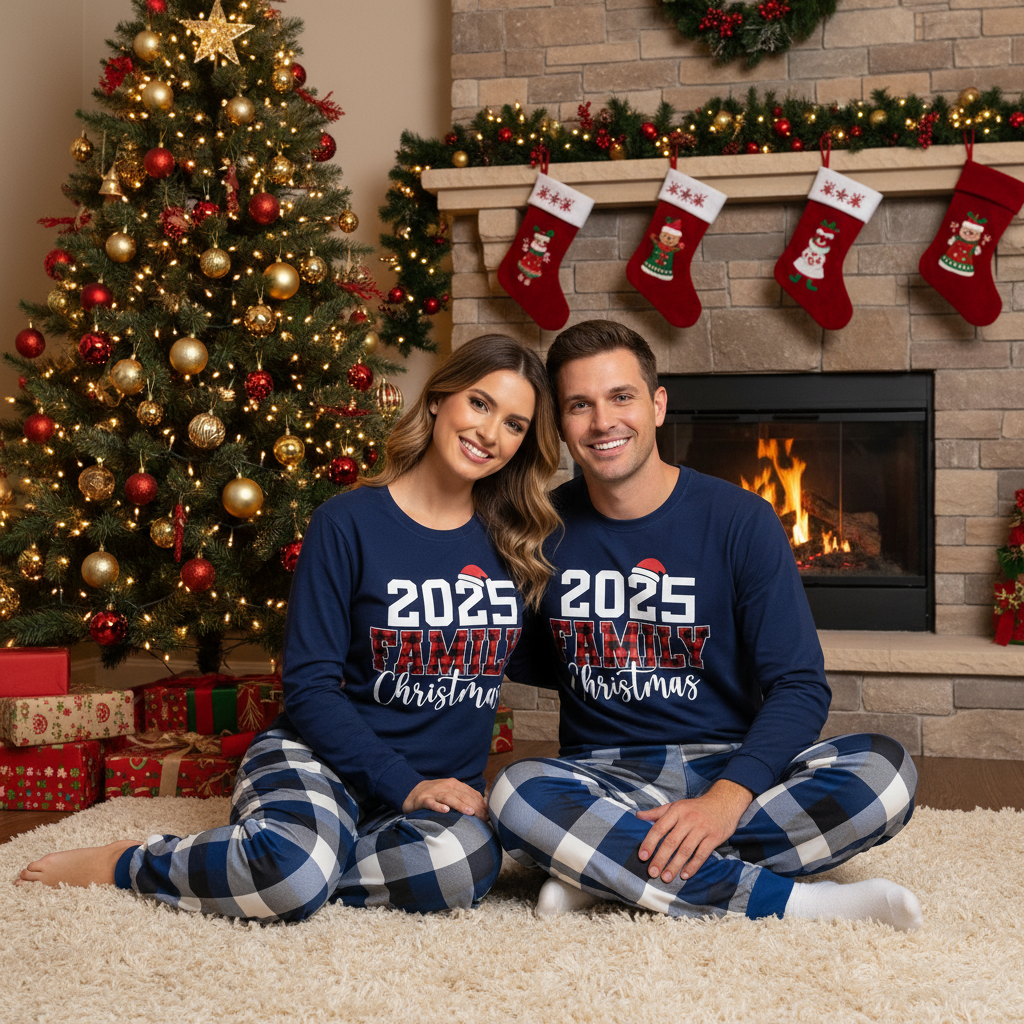 WW | Couple's matching blue plaid pajamas with "2025 Family Christmas" printed on them
