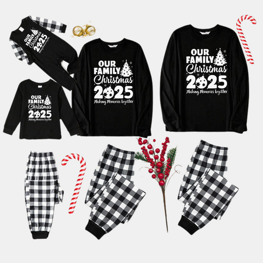 WW | Our Family Christmas 2025 'Shared Memories' Letter Print Black Long Sleeve Top with Black and White Checkered Pants Family Matching Pajamas