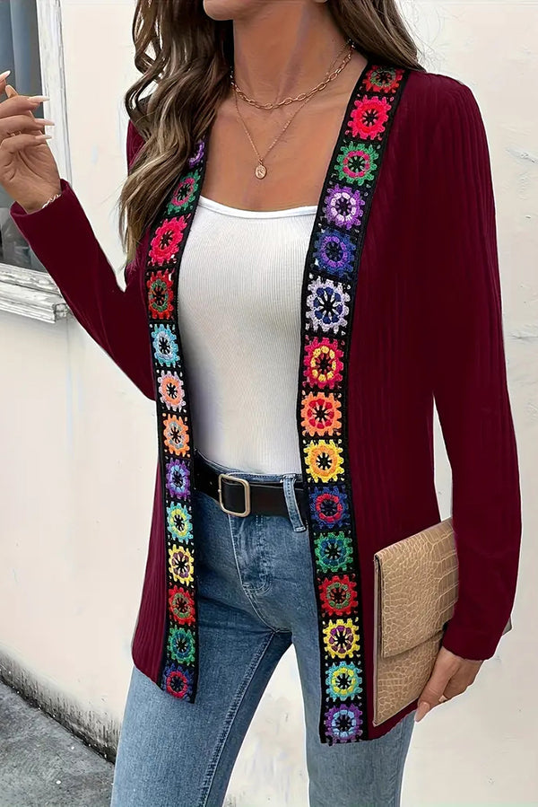 WW | Boho knit cardigan with floral trim and long sleeves