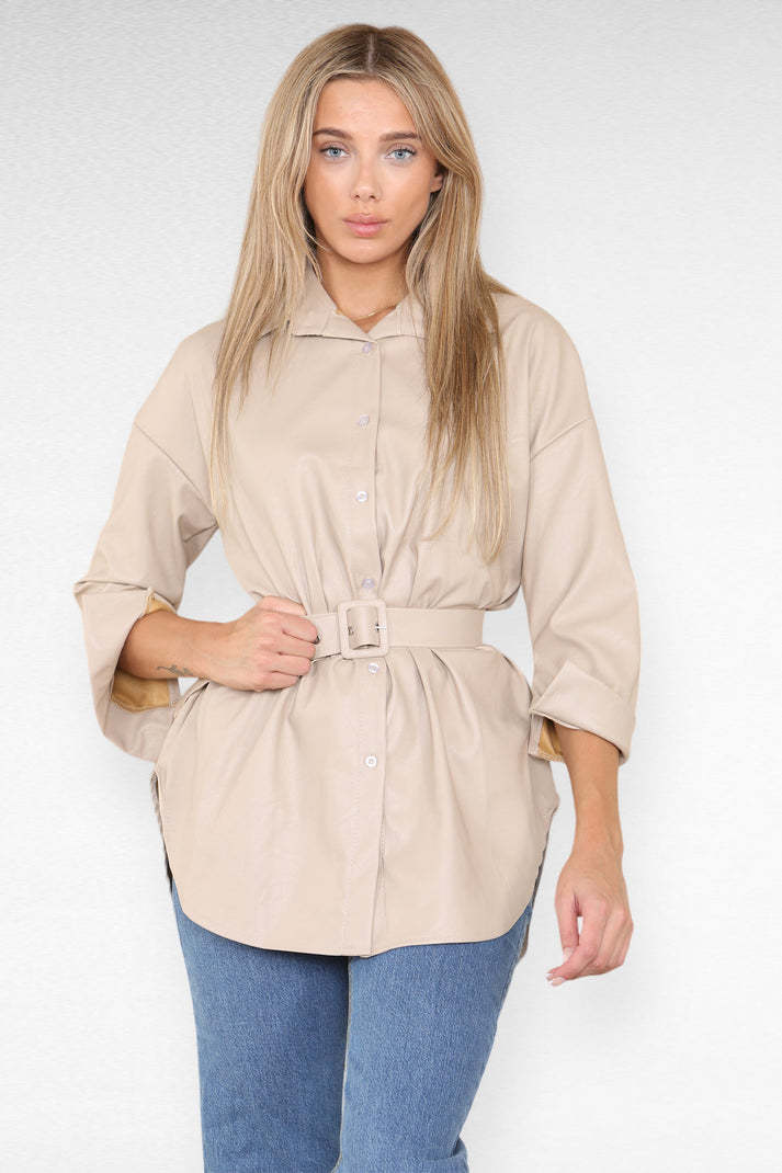 WW | Belted PU Leather Shirt Dress