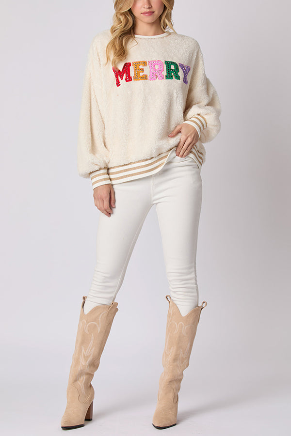 WW | Weihnachtsbuchstaben Strass Langarm Rundhalsausschnitt Sweatshirt
