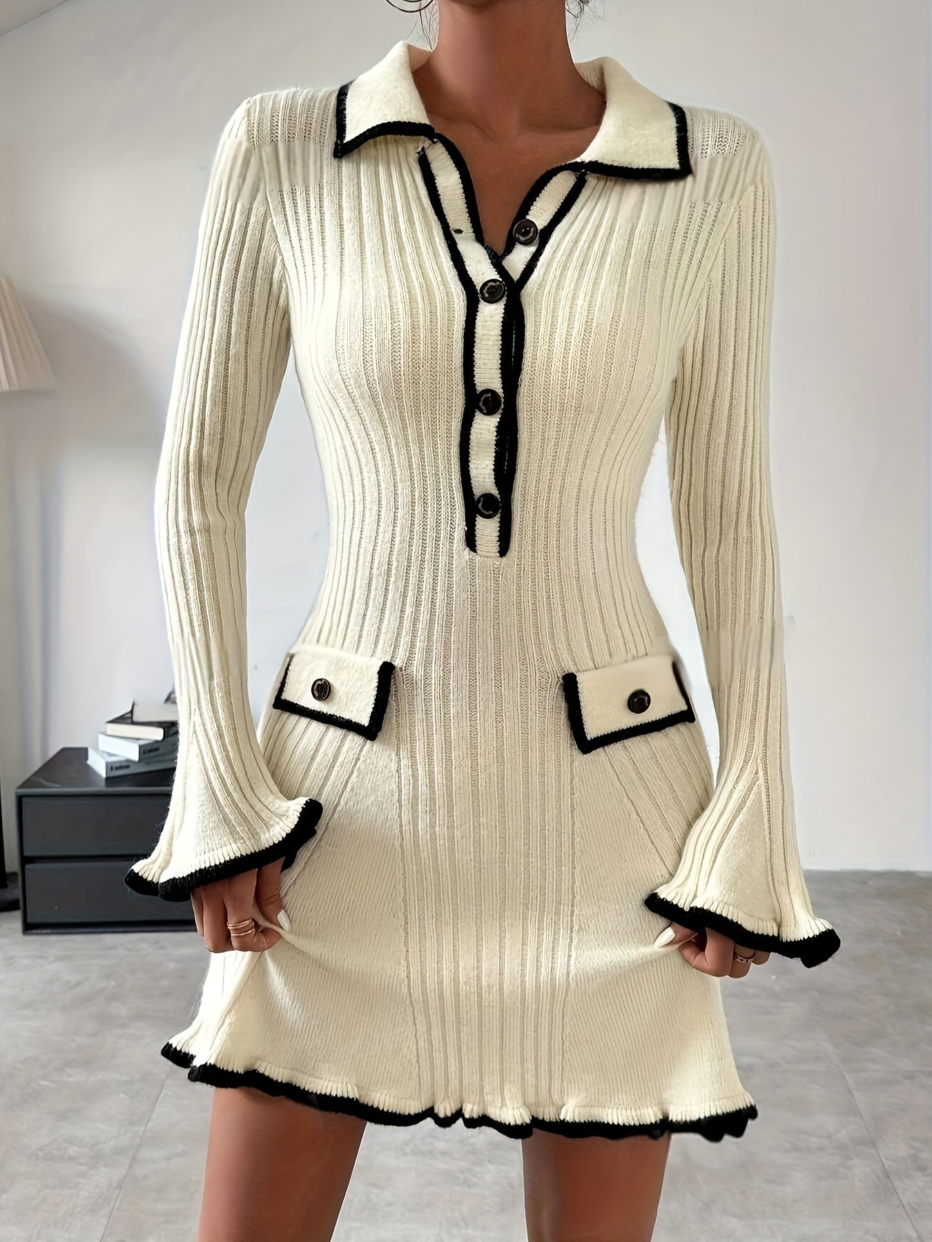 WW | Farbblock Salat Besatz A-Linie Knopf Vorderseite Schlag Ärmel Gerippt Pullover Formelles Kleid Für Frauen - Für formelle Anlässe