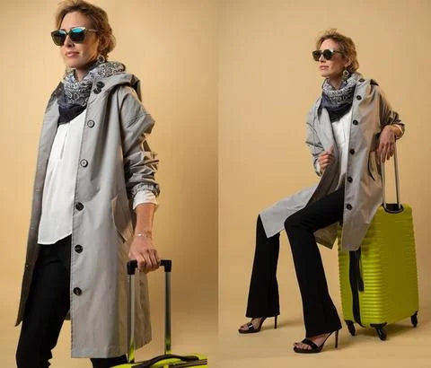 WW | Damen-Trenchcoat mit Kapuze - Langer Übergangsmantel mit Taschen & Knopfverschluss