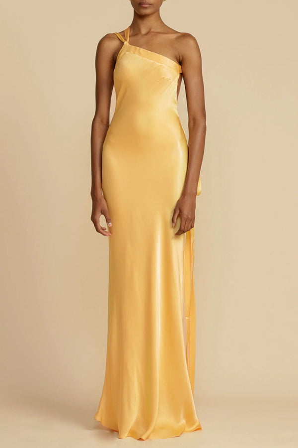 Long satin dress with asymmetric one-shoulder design and open back
