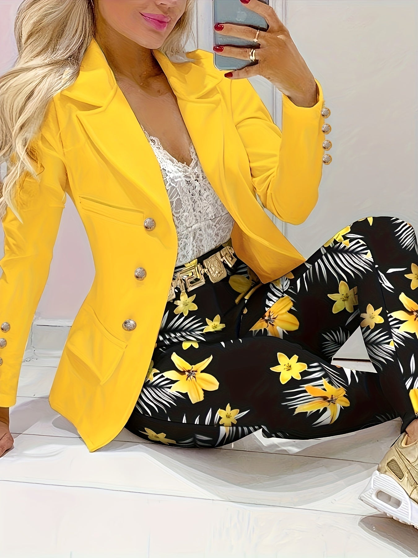 WW | Blazer Und Blumenmuster Outfit Set Für Damen - Perfekt für Alltagskleidung